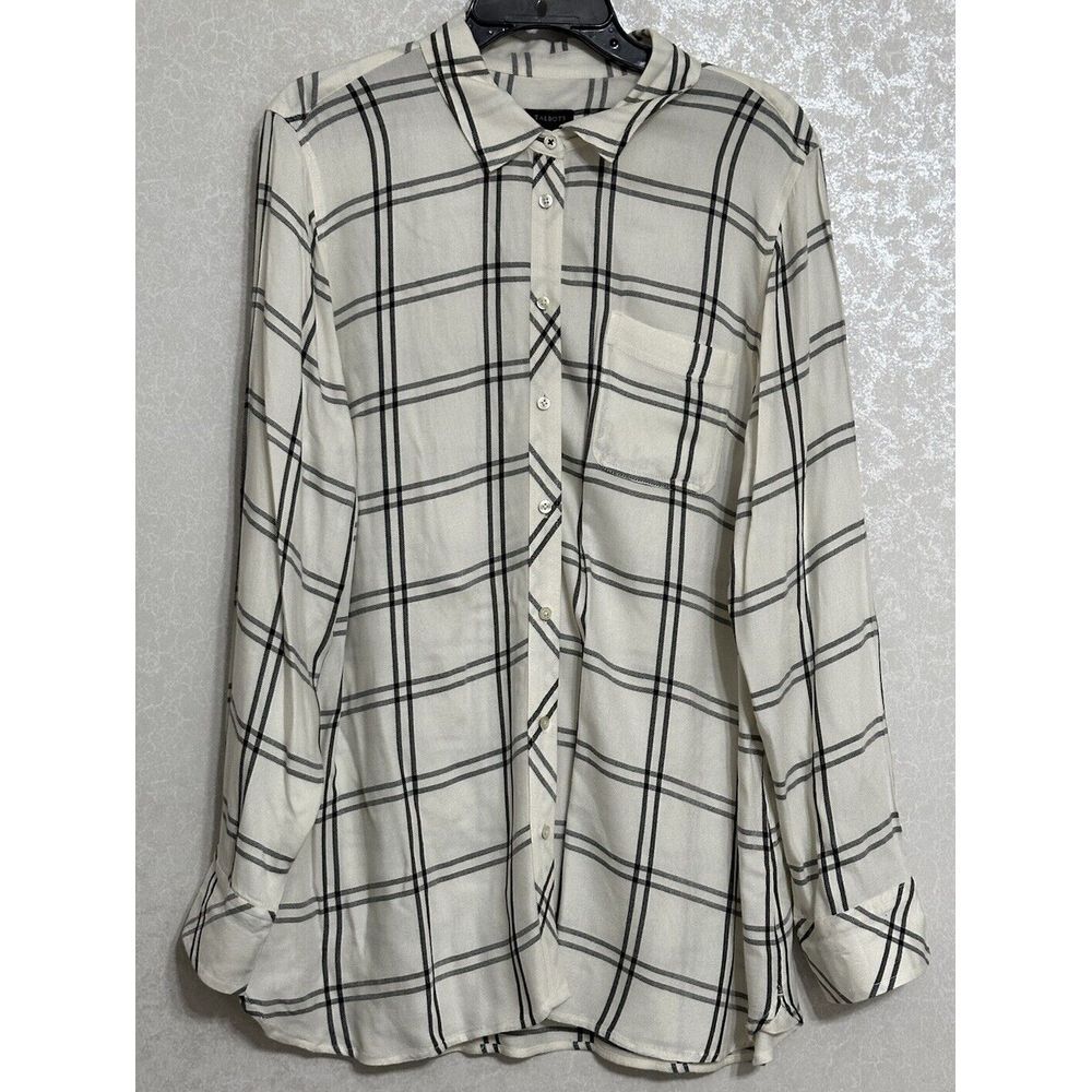 Talbots White Windowpane Plaid Button‎ Up Blouse Long Sleeve Black Geometric XL